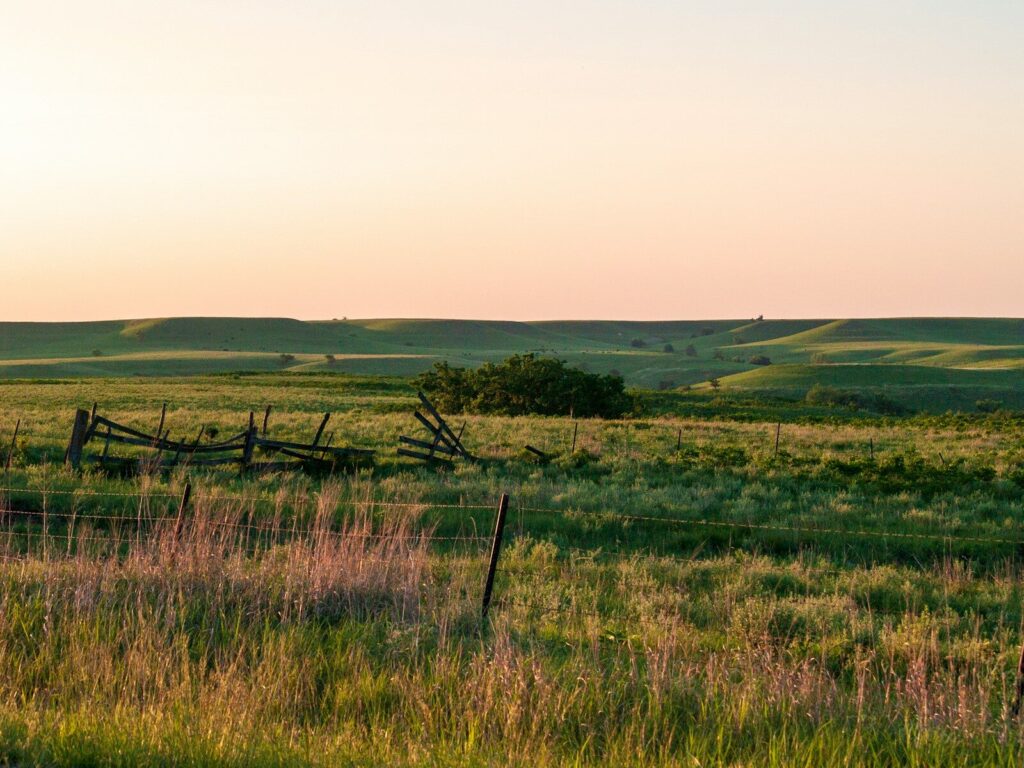 Pradera de las Grandes Llanuras al atardecer, hogar histórico de pueblos nativos americanos