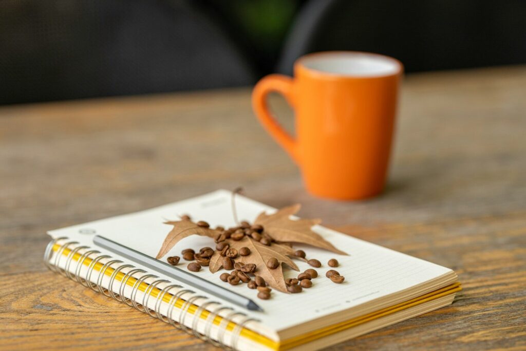 Cuaderno y taza de café sobre una mesa por la mañana